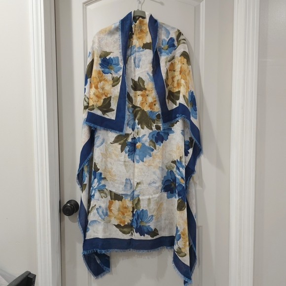 DANIEL LAURENT Floral Blue Yellow Scarf, 100% Viscose, Soft, Frayed Trim, Nwot - Picture 8 of 14